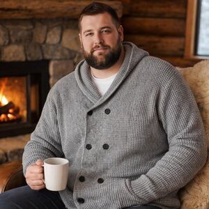 Men’s Gray Waffle Knit Hooded Cardigan XXL Double Breasted Cozy Cabin Sweater